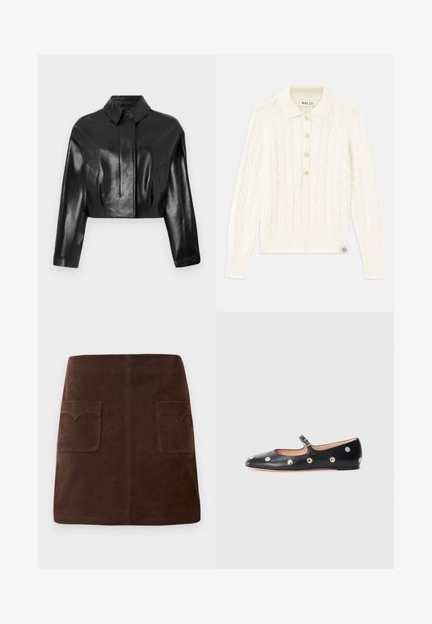 Čierna kožená skrátená bunda s špicatým golierom, predným zapínaním na gombíky a bočnými vreckami. Má hladkú textúru a prešívaný dizajn.; Krémový sveter s pleteným vzorom a golierom, s prešívaním na štyri gombíky, s rebrovanými manžetami a malou nášivkou loga na okraji.; Hnedá semišová sukňa s klasickým A-silhouette, dvoma prednými vreckami so zaoblenými klapkami a jemnými detailmi prešitia.; Čierne kožené baleríny typu Mary Jane s okrúhlou špičkou, so striebornými kruhovými cvokmi a nastaviteľným remienkom so sponou.