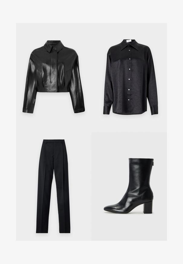 Melnas ādas apgriezta jaka ar norādītu apkakli, priekšpuses pogu aizdares un sānu kabatām. Iezīmējas ar gludu tekstūru un pielāgotu dizainu.; Melnas garām piedurknēm krekls ar apdari, kas piedāvā samocītu tekstūru, pilnu pogu priekšpusi un aproces. Izgatavots no gludas auduma.; Melnas bikses, izgatavotas no gludas auduma, ar augstu vidukli, platiem bikšu galdniekiem, priekšējiem krokām un klasiskām jostu cilpām. Sānu kabatas nav redzamas.; Melna ādas potītes zābaks ar norādītu purngalu un 4 cm bloku papēdi. Gluds dizains ar sānu rāvējslēdzēju vieglai uzvilkšanai. Gluda tekstūra.