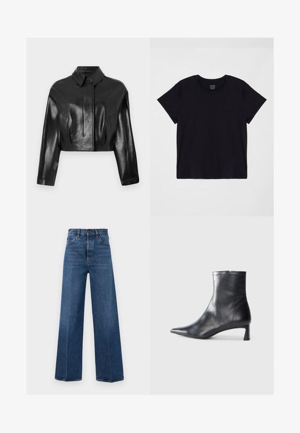 Svart lädercroppad jacka med spetsig krage, framslutning med knappar och sidofickor. Har en slät textur och skräddarsydd design.; Svart t-shirt med kort ärm, tillverkad av mjuk bomull. Klassisk rundhalsdesign med en enkel, odekorerad yta och en avslappnad passform.; Breda blå jeans i denim med hög midja, framfickor och kontrasterande sömmar. Tyget har en slät struktur.; Svart läder ankelboot med spetsig tå och en smidig design. Har en låg klack och en dragkedjestängning bak. Slät textur.