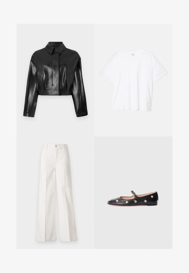 Zwarte leren cropped jas met een puntige kraag, frontsluiting met knopen en zijzakken. Kenmerkt zich door een gladde textuur en een op maat gemaakt ontwerp.; Witte katoenen t-shirt met korte mouwen, ronde halslijn, comfortabele pasvorm en gestikte zoom. Etiket zichtbaar aan de binnenzijde van de hals.; Witte wijde-broek gemaakt van katoen met een gladde textuur. Voorzien van een knoop aan de voorkant, ritsopening en vierzakkenontwerp.; Zwarte leren Mary Jane ballerina met een ronde neus, voorzien van zilveren ronde studs en een verstelbaar bandje met een gesp.