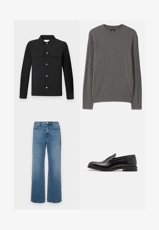 Black jacket with a collar, two chest pockets, and silver snap buttons. Made of smooth fabric with a straight cut and long sleeves.; Armani Exchange Jumper - dark gull zig zag; Wide-leg blue jeans made of denim with a faded finish. Features five pockets, a front button closure, and a straight cut.; Black leather loafers with a smooth texture, rounded toe, and a decorative strap across the vamp. Low stacked heel, minimalist design.
