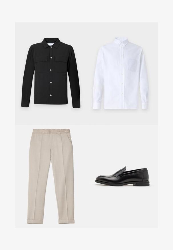 Melnā jaka ar apkakli, divām krūšu kabatām un sudraba spiedpogām. Izgatavota no gluda auduma ar taisnu griezumu un garām piedurknēm.; Balts garo piedurknēm krekliņš ar pogām, izgatavots no kokvilnas, ar krūšu kabatu ar tonālu izšuvumu, apkakli un pogām pie piedurknēm.; Filippa K TERRY CROPPED TROUSERS - Auduma bikses - sage melange; Melnas ādas kurpes ar gludu tekstūru, noapaļu purngalu un dekoratīvu siksniņu pāri priekšpusei. Zems sakrauts papēdis, minimālisma dizains.