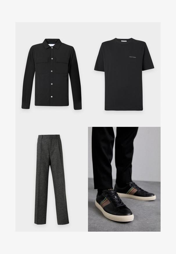 Giacca nera con collo, due tasche sul petto e bottoni a pressione argentati. Realizzata in tessuto liscio, ha una vestibilità dritta e maniche lunghe.; T-shirt nera in cotone con scollatura tonda, maniche corte e un piccolo logo bianco "TIGER OF SWEDEN" sul petto. Vestibilità classica.; Pantaloni grigi su misura realizzati in tessuto strutturato, con due pieghe frontali e un design a gamba dritta. Nessuna tasca o decorazione visibile.; Sneaker in pelle nera con accenti a strisce multicolori, punta rotonda e suole in gomma bianca, dotate di chiusura con lacci e marchio in rilievo.
