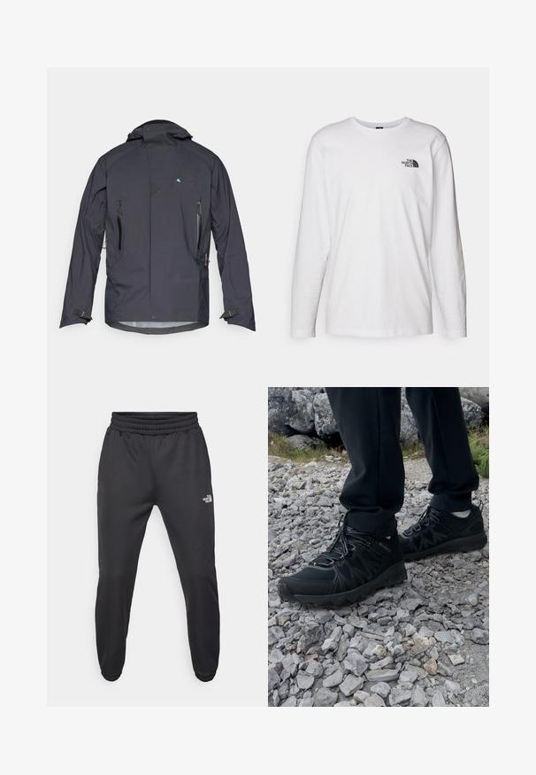 Giacca nera impermeabile con collo alto, polsini regolabili e due tasche con zip. Presenta un logo blu e dettagli texturizzati.; T-shirt bianco a maniche lunghe in cotone con colletto rotondo. Presenta un piccolo logo nero sul petto. Texture liscia, vestibilità regolare.; Pantaloni sportivi neri con vita regolabile tramitecordino, vestibilità affusolata, polsini elasticizzati e un piccolo logo bianco sulla coscia sinistra, realizzati in tessuto morbido.; Scarpe da esterni nere realizzate in mesh e materiale sintetico, con una parte superiore testurizzata, un sistema di allacciatura sicuro e una suola robusta, su terreno roccioso.