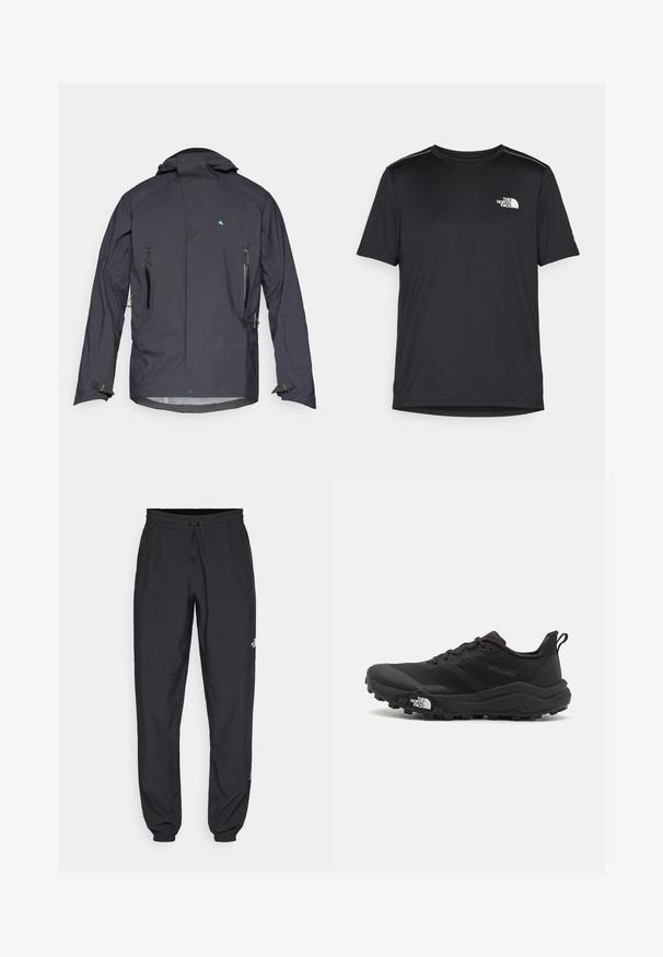 Schwarze wasserdichte Jacke mit hohem Kragen, verstellbaren Bündchen und zwei Reißverschlusstaschen. Mit blauem Logo und strukturierten Akzenten.; Schwarzes T-Shirt mit kurzen Ärmeln aus leichtem Stoff. Mit einem kleinen weißen Logo auf der linken Brust und dezenten Akzenten an den Schultern.; Schwarze Sporthosen aus leichtem Stoff, mit einem Kordelzugbund, seitlichen Taschen und schmal zulaufenden Bündchen an den Knöcheln.; Schwarzer Trailrunning-Schuh mit strukturiertem Obermaterial, Gummisohle und verstärkter Zehenkappe. Verfügt über einen gepolsterten Kragen und eine Ziehlasche für einfaches Anziehen.