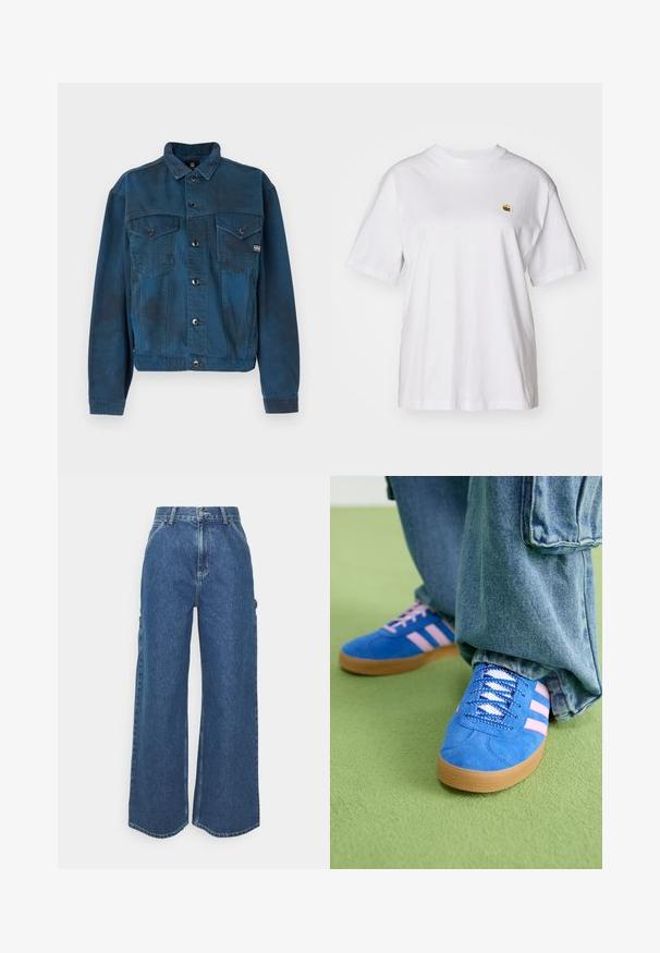 Tumši zila denim jaka ar divām krūšu kabatām, pogu aizdari un klasisku apkakli. Audumam ir nedaudz izbalējusi tekstūra.; Balta kokvilnas T-kreklā ar brīvu piegriezumu, īsām piedurknēm un mazu izšūtu logotipu kreisajā krūtīs.; Platleņķa zili džinsi ar augstu jostasvietu, kontrastējošām šuvēm un sānu kabatām, ar klasisku piecu kabatu dizainu un neapstrādātiem malām.; Zilas zamšādas kurpes ar rozā svītrām un baltām šņorēm, aprīkotas ar gumijas zoli, kopā ar brīvām džinsu biksēm uz zaļas virsmas.