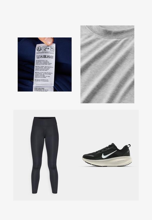 Mörkblå etikett med tvättanvisningar och materialdetaljer. Text på flera språk: 83 % polyester, 17 % elastan.; Ljusgrått tyg med en jämn yta, med en ribbad rund halsringning och subtila rynkor som framhäver dess mjukhet och flexibilitet.; Svarta leggings gjorda av ett smidigt, elastiskt tyg. Hög midja utan synliga mönster eller detaljer. Sitter tätt från midjan till anklarna.; Svart Nike löparsko med andningsbart mesh-ovandel, vit swoosh-logotyp, texturerad detaljering och en krämfärgad ZoomX-mellansula.