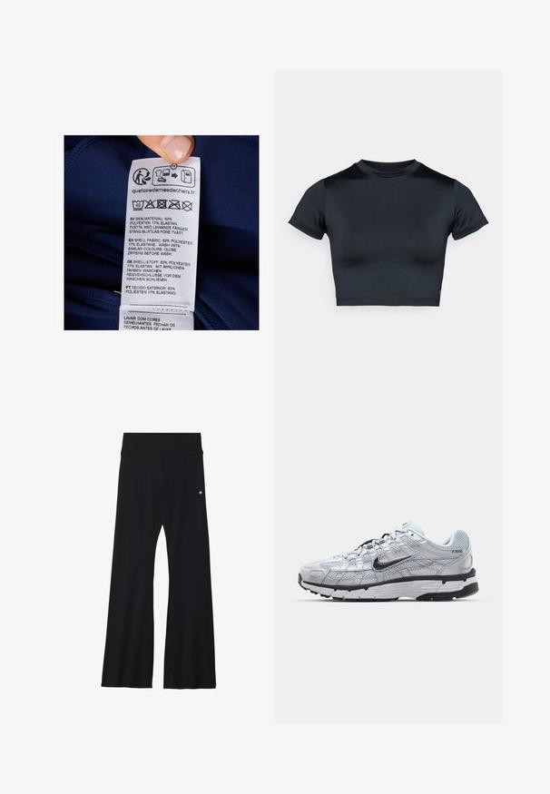 Granatowa metka z tkaniny zawierająca instrukcje prania i szczegóły dotyczące materiału. Tekst w wielu językach: 83% poliester, 17% elastan.; Krótki top z krótkim rękawem w ciemnym granacie, wykonany z gładkiej, elastycznej tkaniny. Posiada okrągły dekolt i minimalne przeszycia. Brak widocznych logo.; Czarne rozszerzane spodnie wykonane z elastycznego materiału, z szerokim pasem i małym logo na biodrze. Gładka faktura i pełna długość.; Nike P-6000 sneakers z jasnoszarym siateczkowym wierzchem, czarnymi akcentami i trwałą czarną gumową podeszwą. Charakteryzują się skomplikowanym wzornictwem i systemem sznurowania.