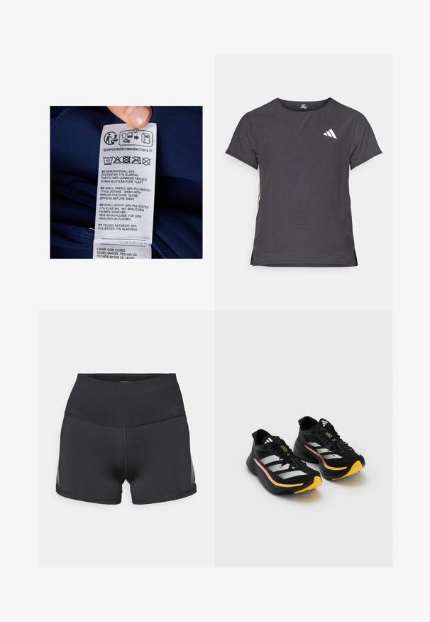 Granatowa metka z tkaniny zawierająca instrukcje prania i szczegóły dotyczące materiału. Tekst w wielu językach: 83% poliester, 17% elastan.; Koszulka sportowa z krótkim rękawem, ciemnoszara z perforowaną teksturą. Posiada białe logo oraz kontrastowe paski po bokach. Okrągły dekolt.; Czarne sportowe szorty z wysokim stanem, wykonane z elastycznego materiału. Posiadają białe paski po bokach oraz płaskie szwy dla komfortu.; Czarne buty sportowe z białymi paskami, żółtymi akcentami na palcach i fakturowanymi cholewkami. Posiadają amortyzowaną podeszwę i czarne sznurowadła.