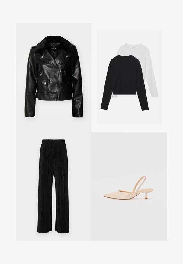 Juodas odinis motociklininko švarkas su kailio apšiltinimu aplink apykaklę, su užtrauktuku priekyje ir šoninėmis kišenėmis. Yra sidabro spalvos detalės ir prigludusi forma.; Du dušo ilgomis rankovėmis marškiniai: vieni juodi, kiti balti. Abu marškiniai turi apvalų iškirpimą, raglan tipo rankoves ir minkštą medvilnės mišinio audinį.; Juodi plisuoti kelnės su elastine juosta. Turėkite plačias kojas ir glotnų, tekstūrinį audinį su vertikaliais dryžiais.; Bežinės patentinės odos slingback kulniukai su smailiu priekiniu kraštu ir prašmatniu kvadratiniu kulnu. Lygus paviršius ir minimalizmo dizainas be puošmenų.