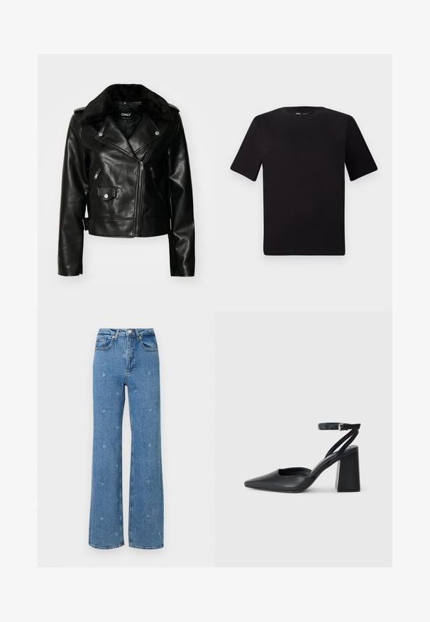 Fekete bőr motorosdzseki, prémes gallérral, cipzáros elülső résszel és oldalsó zsebekkel. Ezüst színű kiegészítők és testhezálló fazon jellemzi.; Fekete, rövid ujjú póló, kerek nyakkal, puha pamutból készült. Egyszerű dizájn, nincs látható logó vagy minta.; Kék, magas derekú, egyenes szabású farmernadrág, apró fehér virágmintákkal díszítve a szöveten.; Fekete bőr, hegyes orrú magassarkú cipő boka pánttal és vastag sarokkal. Sima textúra, elegáns dizájn és minimális esztétika.