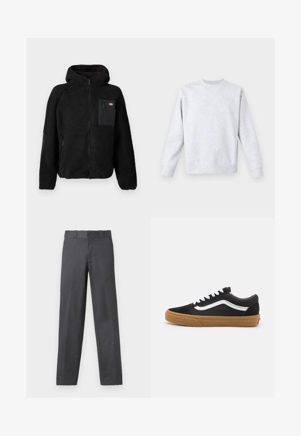 Giacca in pile nera con cappuccio, chiusure a zip e tasca sul petto. Presenta un materiale texturizzato e accogliente con pannelli neri solidi.; Felpa grigia chiara realizzata in un tessuto morbido, con collo rotondo, maniche lunghe e polsini e orlo a coste. Design minimalista senza fantasie.; Pantaloni grigi in tessuto liscio, con design a gamba dritta, chiusura con bottone e passanti per cintura; cuciture minime e nessun motivo.; Sneakers in camoscio nero con striscia laterale bianca, lacci bianchi e suola in gomma marrone. Design classico low-top con accenti testurizzati e punta arrotondata.