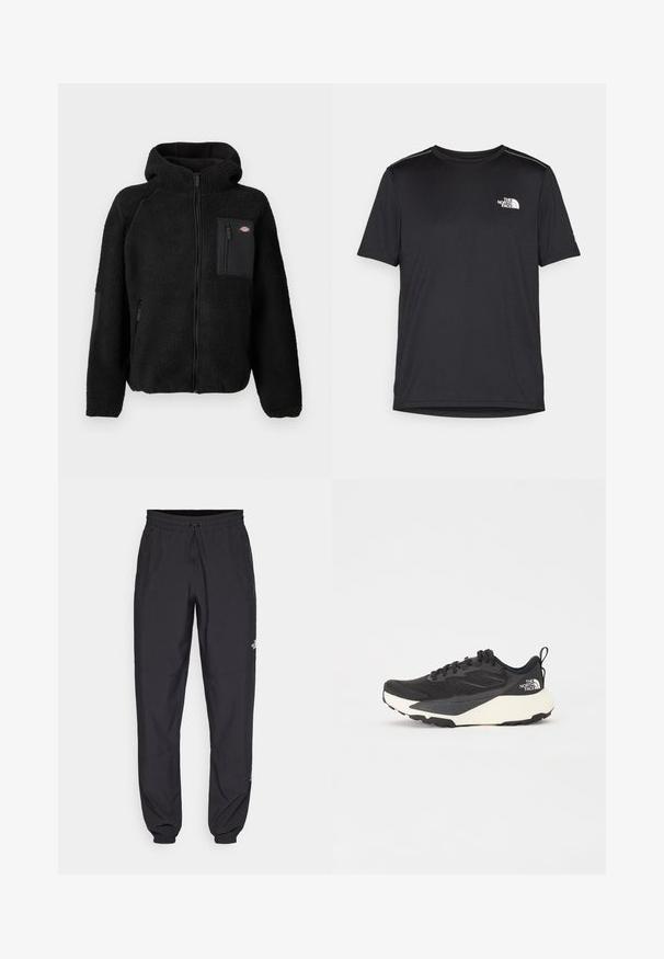 Svart fleecejacka med huva, dragkedjor och bröstficka. Har ett texturerat, mysigt material och enfärgade svarta accentpaneler.; Svart kortärmad T-shirt i lättviktig tyg. Har en liten vit logotyp på vänster bröst och subtila axeltoner.; Svarta träningsbyxor tillverkade av lättviktsmaterial, med dragsko i midjan, sidofickor och avsmalnande muddar vid anklarna.; Svart sportskor med strukturerad meshöversida, helt svarta detaljer och vit lätt sula. Utökad med snörning och dragflik.