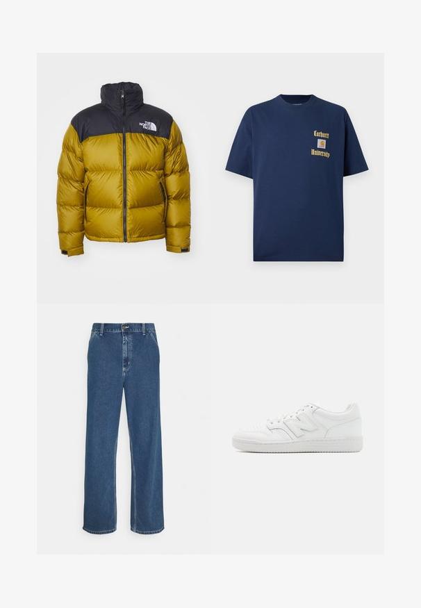 Pučka jakna u gorućoj žutoj boji s gornjim dijelom od crnog najlona, visokim ovratnikom, prednjim patentnim zatvaračem i bočnim džepovima. Na njoj je prikazan logo The North Face.; Tamno plavi pamukasti majica s kratkim rukavima, s zlatnim natpisom "Carhartt University" i logotipom na lijevoj strani grudi.; Plave traperice s ravnim krojem, dizajnom s pet džepova, metalnom kopčom i vidljivim šavovima duž šavova i donjeg ruba.; Bijela tenisica od glatke kože, s perforiranim prstom, teksturiranim gumenim đonom, ravnim vezicama i istaknutim 'N' logom sa strane.