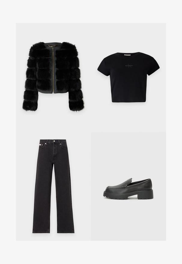 MARCIANO BY GUESS SOFT - Vinterjakke - jet black; Svart ribbestrikket kortermet crop topp laget av mykt materiale, med en subtil Calvin Klein-logo i midten. Enkel, klassisk design.; Svart bredbente jeans laget av denim, med høy livvidde, fem lommer, og metallknapp med kontrasterende søm.; Sorte skinnloafers med rund tå, tykk teksturert såle og minimale sømdetaljer. Strømlinjeformet design uten synlige snørebånd eller hardvarer.