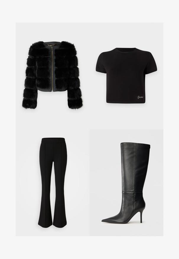 MARCIANO BY GUESS SOFT - Chaqueta de invierno - jet black; Camiseta negra de algodón, de mangas cortas. Cuenta con un escote redondo y un pequeño logo plateado de "Guess" en la parte inferior izquierda.; Pantalones de campana negros hechos de un material elástico con una textura suave, que presentan detalles de costura en la parte frontal para un diseño adicional.; Bota de cuero negro hasta la rodilla con puntera afilada y tacón de aguja delgado, textura suave, perfil lateral sobre fondo neutro.