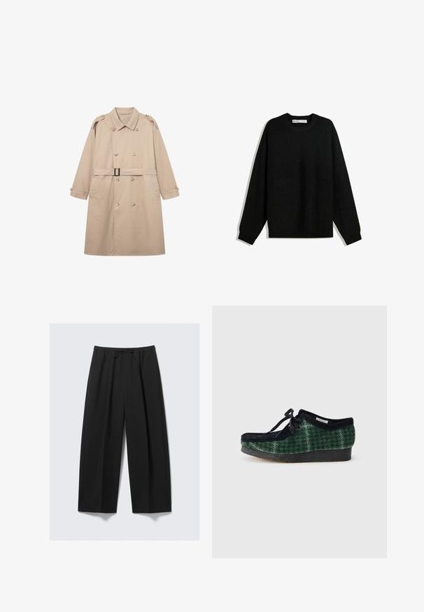 Palton bej cu un front dublu, guler larg, curea la talie și manșete cu nasturi. Material neted cu textură minimală.; Pulover negru din lână tricotat, cu decolteu rotund, umeri căzuți și manșete și tiv cu nervuri. Prezentă un material texturat pentru căldură.; Pantaloni negri cu fuste largi, confecționați dintr-un material ușor, cu un talie elastică și șnur, fără buzunare vizibile.; Încălțăminte cu un model verde și negru, din suede, având vârful rotund, șireturi și o talpă texturată din cauciuc.