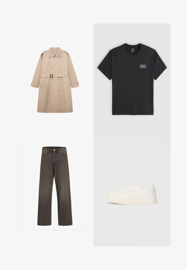 Beige szövetkabát dupla soros gombolással, széles gallérral, deréknál övvel és gombos mandzsettával. Simább anyag minimális textúrával.; Fekete pamut póló rövid ujjakkal és kerek nyakkal. Bal mellen egy kis fehér grafikai nyomat található. Sima textúra.; Széles lábú farmernadrág sötétszürke denimből, magas derékkal, klasszikus öt zsebes kialakítással és kontrasztos varrással az illesztések mentén.; Fehér slip-on sportcipők texturált felülettel, vastag talppal és minimalista dizájnnal. Az oldalon a márka logója található.