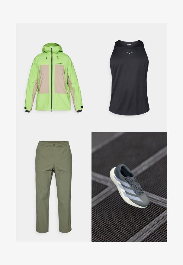 Jachetă impermeabilă verde și bej cu glugă, dotată cu un fermoar frontal, cordoane ajustabile și două buzunare mari în față.; Top de sport fără mâneci, de culoare neagră, fabricat dintr-un material respirabil, având un decolteu rotund și un accent cu logo reflectant pe piept.; Pantaloni de culoare verde măslin, confecționați dintr-un material ușor, cu un tiv elastic, închidere cu buton și croială dreaptă, fără modele vizibile.; Pantof sport gri și alb, realizat din material sintetic, cu un design aerodinamic, finisaj texturat și un sistem de șireturi proeminent.