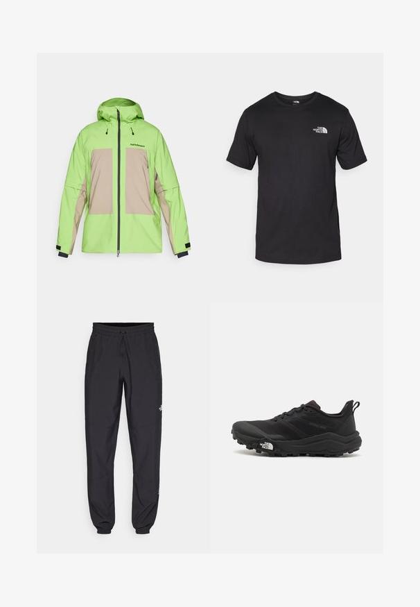 Zöld és bézs vízálló dzseki kapucnival, elülső cipzárral, állítható zsinórokkal és két nagy elülső zsebbel.; Fekete rövidujjú pamut póló, kerek nyakkivágással, a bal felső mellkason egy kis fehér logóval.; Fekete sportnadrág, könnyű anyagból készült, húzózsinóros derékkal, oldalsó zsebekkel és szűkített szárakkal a bokáknál.; Fekete terepfutó cipő, textúrált felső résszel, gumitalppal és megerősített lábujjrészével. Párnázott bokarésszel és húzófüllel rendelkezik a könnyű felhúzáshoz.