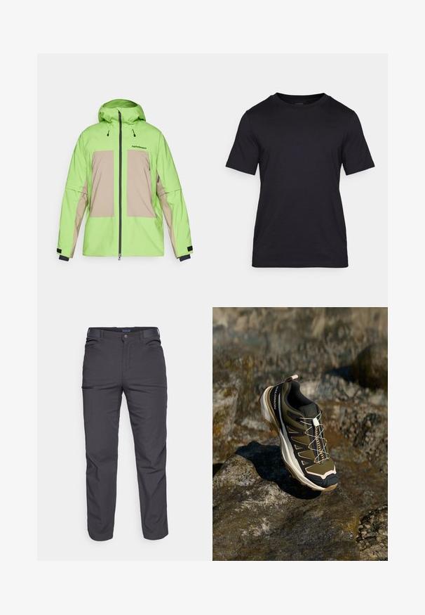 Giacca impermeabile verde e beige con cappuccio, dotata di una zip frontale, cordini regolabili e due grandi tasche anteriori.; Maglietta nera realizzata in tessuto liscio, con scollatura a girocollo e maniche corte. Logo discreto stampato in nero sul petto.; Pantaloni grigi scuri realizzati in tessuto resistente, dotati di tasca con zip, taglio dritto e passanti per cintura per una vestibilità regolabile.; Scarpe da escursionismo in verde oliva e nero con dettagli rosa. Presentano una parte superiore testurizzata, suola flessibile, puntale rinforzato e un vivace sistema di allacciatura.