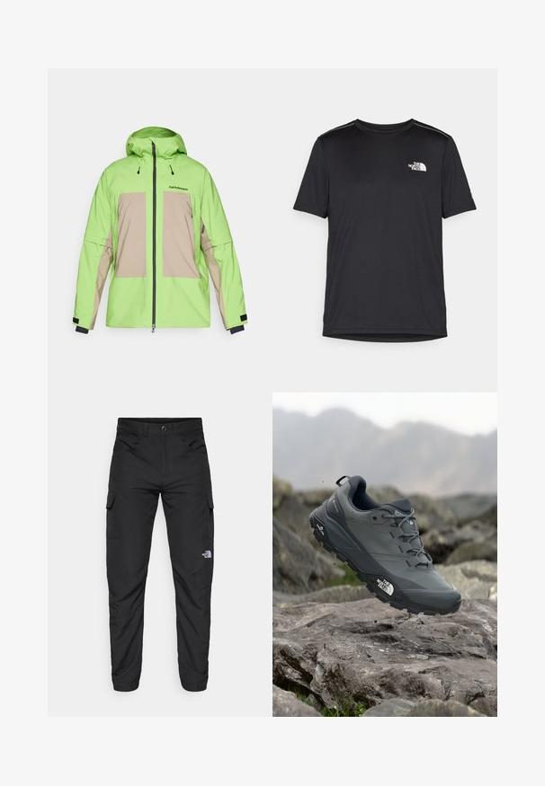 Grüne und beige wasserdichte Jacke mit Kapuze, ausgestattet mit einem Frontreißverschluss, verstellbaren Schnüren und zwei großen Fronttaschen.; Schwarzes T-Shirt mit kurzen Ärmeln aus leichtem Stoff. Mit einem kleinen weißen Logo auf der linken Brust und dezenten Akzenten an den Schultern.; The North Face HORIZON PANT - Outdoor-Hose - black; Grau Trailrunning-Schuh mit einer strukturierten Oberseite, haltbarer Gummisohle und verstärkter Zehenkappe. Verfügt über Schnürsenkel und ein Markenlogo an der Seite.