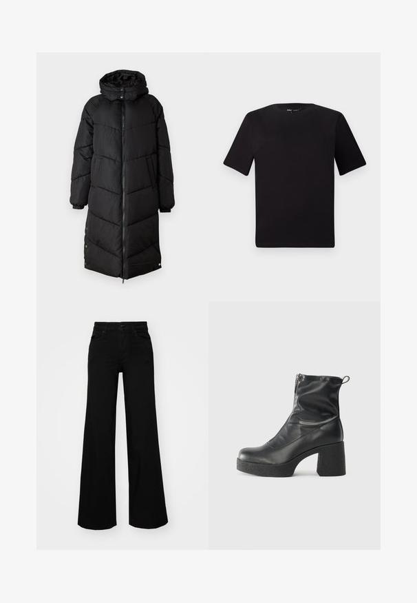 Μαύρο μπουφάν πούφ με κουκούλα, με μπροστινό φερμουάρ, ελαστικούς ιμάντες και πλαϊνές τσέπες; υφασμάτινη σχεδίαση με μακριά γραμμή.; Μαύρο κοντομάνικο μπλουζάκι με στρογγυλή λαιμόκοψη, κατασκευασμένο από απαλό βαμβακερό ύφασμα. Απλός σχεδιασμός, χωρίς ορατά λογότυπα ή μοτίβα.; Μαύρο παντελόνι με φαρδιά μπατζάκια από τζίν, με δομημένη μέση, θηλιές ζώνης και μπροστινές τσέπες. Λείος υφασμάτινος σχεδιασμός με κλασική εμφάνιση.; Μαύρες μποτές μέχρι τον αστράγαλο από λείο δέρμα, με πλευρικό φερμουάρ, χοντρό υφασμάτινο τακούνι και στρογγυλή μύτη.