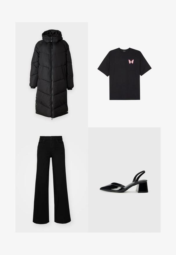 Casaco puffer preto com capuz, com fecho de correr na frente, punhos elásticos e bolsos laterais; design acolchoado com uma silhueta longa.; T-shirt de algodão preto com mangas curtas, apresentando um pequeno gráfico de borboleta rosa no lado esquerdo do peito. Design de gola redonda com um corte solto.; Calças largas pretas em denim, com uma cintura estruturada, passantes para cinto e bolsos frontais. Textura suave com um design clássico.; Sandy em verniz preto com salto slingback, ponta afilada e salto geométrico. Apresenta um design elegante e minimalista com textura suave.
