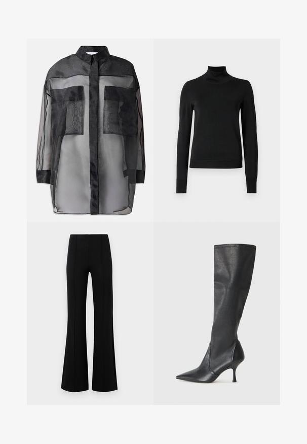 Black sheer button-up shirt with a collar, featuring two large front pockets, sheer fabric, and a slightly opaque texture.; Black long-sleeve turtleneck sweater with ribbed cuffs and hem, displayed on a plain white background.; Black flared pants with a high waist, made of stretchy fabric. Features vertical seam details on the front and a smooth texture.; Knee-high black leather boots with a pointed toe and a slim stiletto heel. Smooth texture with a fitted design and stitching at the top edge.
