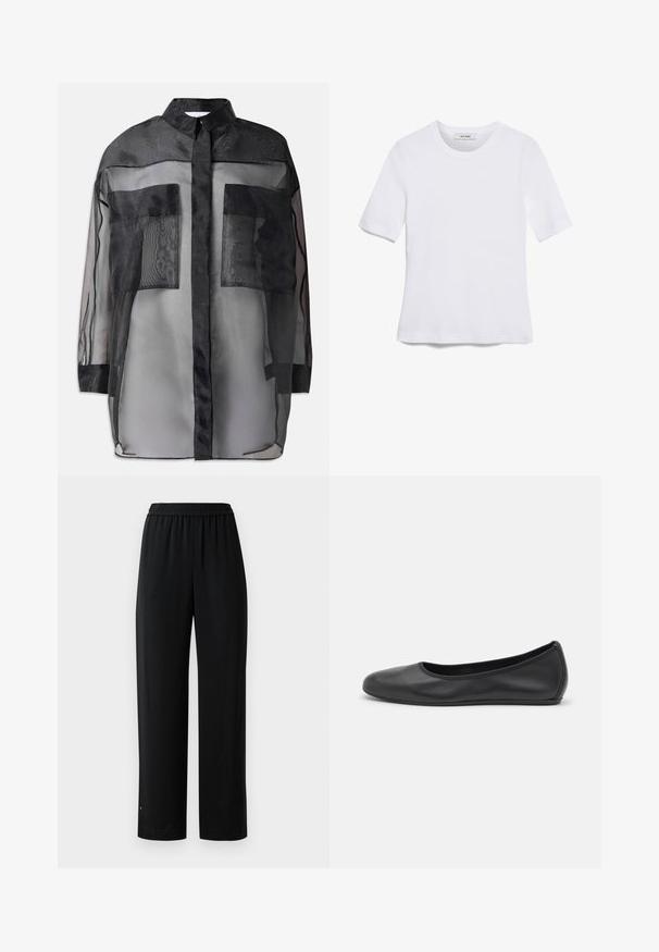Crna prozirna košulja s dugim rukavima i ovratnikom, sa dva velika prednja džepa, prozirnom tkaninom i blago neprozirnom teksturom.; Bijela majica s kratkim rukavima izrađena od rebraste tkanine. Okrugli izrez, klasičan kroj i suptilni detalji šivanja. Bez uzoraka ili grafika.; Crne široke hlače od glatkog materijala s elastičnim pojasom. Imaju ravni kroj i minimalne detalje. Pogodne za svakodnevno nošenje.; Crne kožne baletanke s zaobljenim vrhom, glatke teksture, minimalnim detaljima šavova i fleksibilnim dizajnom potplata.