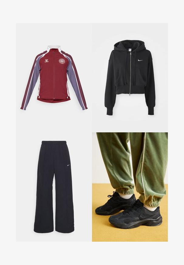 Bordeaux sportjack met een volledige ritssluiting, witte accenten en verticale strepen in lichtblauw en violet op de mouwen. Bevat een rond logo op de borst.; Afgekorte zwarte hoodie van een katoenmix, met een ritssluiting aan de voorkant, twee zakken, een capuchon met trekkoord en een witte Nike-logo op de borst.; Zwarte lange mouwen kort bovenstuk van gladde stof, met een ronde halslijn en een wit Nike-logo op de borst.; Zwarte wijde broek met een elastische tailleband en een klein wit Nike-logo. De stof heeft een soepele textuur, ontworpen voor comfort en casual gebruik.; Zwarte sport sneakers met gaas en synthetische overlays, een gestructureerde zool, gecombineerd met groene jogginbroeken met elastische boorden, op een gele ondergrond.