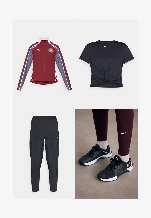 Bordový sportovní svetr s plným zipem, bílými akcenty a vertikálními pruhy v světle modré a fialové na rukávech. Na hrudi se nachází kulaté logo.; Černé sportovní tričko vyrobené z hladkého materiálu, s uzlovým designem vpředu a malým bílým logem Nike na hrudi.; Černé sportovní kalhoty s elastickým pasem, zúženými nohavicemi a malým bílým logem na levém stehně. Lehká, hladká tkanina.; Černé sportovní boty s texturovaným svrškem a bílými akcenty, s tkaničkami a božím logem. Nosené s vínovými legínami a světlými ponožkami.