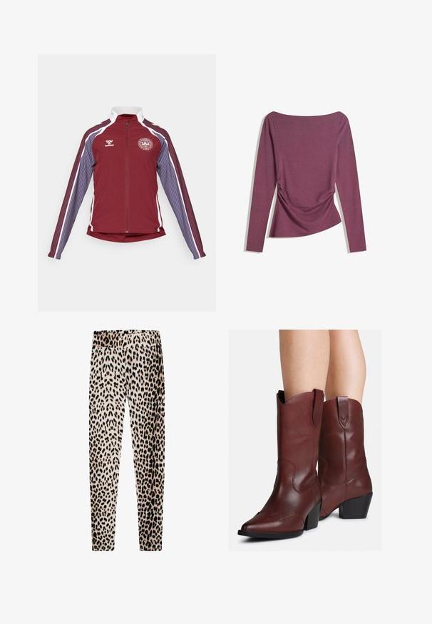 Bordeaux atletisk jakke med fuld lynlås, hvide accenter og lodrette striber i lyseblå og violet på ærmerne. Har et rundt logo på brystet.; Langærmet mauve top med bådhals, tætsiddende talje med subtil rynkning på begge sider, vist fladt mod hvid baggrund.; Leopardmønstrede leggings lavet af blødt stof, med en strækbar talje, lange slanke ben og et mix af beige, sort og brune mønstre.; Ben klædt i mellemlange mørkebrune læderstøvler i western-stil med spidse tæer og blokhæle, mod en hvid baggrund.