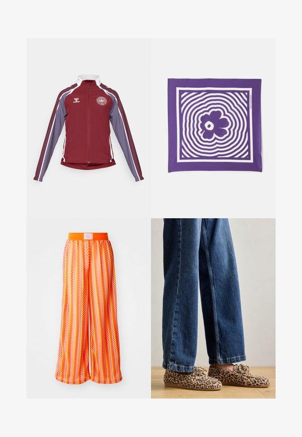 Bordová športová bunda s plným zipsom, s bielymi akcentmi a vertikálnymi pruhmi svetlo modrej a fialovej farby na rukávoch. Na hrudi sa nachádza okrúhly logo.; Oranžové športové tričko s krátkym rukávom, so námorníckymi pruhmi na pleciach a vyšitým logom na prednej strane, vyrobené z ľahkého materiálu.; Široké nohavice s cik-cak vzorom v živých odtieňoch oranžovej a ružovej, s elastickým pásom a logom na zadnej strane.; Loaferi s leopardím vzorom vyrobené z nubuku, s okrúhlou špičkou, šnurovaním a plochými, flexibilnými podrážkami, skombinované s modrými džínami.; Fialová šatka v tvare štvorca so stredovým bielym kvetinovým vzorom, obklopená sústrednými vlnkovými vzormi. Hladká textúra látky.; Burgundská nubuková taška s hnedými koženými rukoväťami, s geometrickým švom a zlatým logom na spodnej strane. Priestranný a pevný tvar.