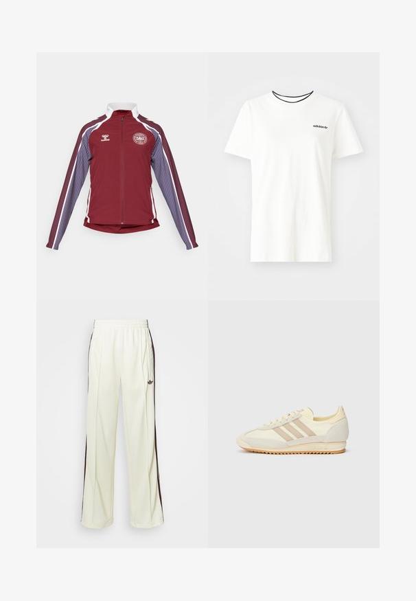 Bordeaux sportjack met een volledige ritssluiting, witte accenten en verticale strepen in lichtblauw en violet op de mouwen. Bevat een rond logo op de borst.; Witte katoenen t-shirt met korte mouwen en een ronde halslijn. Heeft een zwart Adidas-logo op de borst en een contrasterende zwarte binnenkraag.; Crème-kleurige sweatpants met een relaxte pasvorm, voorzien van donkerbruine zijstrepen en een geborduurd logo op de linkerdij.; Crème sport sneaker met drie beige strepen, suède en textielmaterialen, een gestructureerde zool en geperst logo op de hiel.