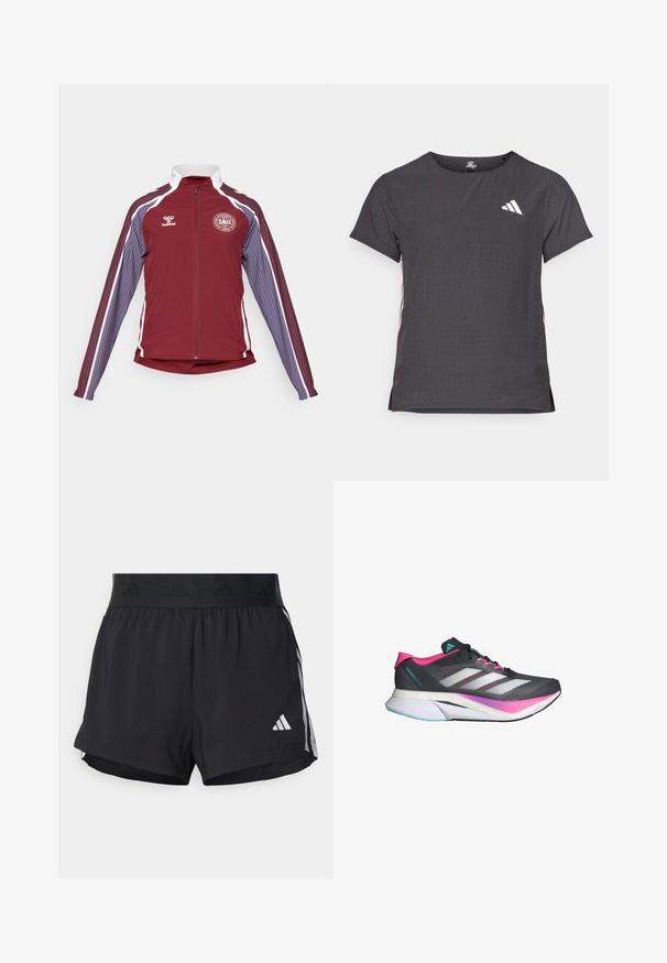 Dunkelroter Sportjacke mit durchgehendem Reißverschluss, weißen Akzenten und vertikalen Streifen in Hellblau und Violett an den Ärmeln. Mit einem runden Logo auf der Brust.; Kurze Ärmel Sport-T-Shirt, dunkelgrau mit durchbrochener Textur. Enthält ein weißes Logo und kontrastierende Seitenstreifen. Runder Ausschnitt.; Schwarze Sportshorts mit einem elastischen Bund, ausgestattet mit einem strukturierten Band, seitlichen Streifen und einem weißen Adidas-Logo am unteren Saum.; Laufschuh mit einem grauen Mesh-Obermaterial, pinken Akzenten und weißen Streifen. Verfügt über eine gepolsterte Sohle und ein schlankes, aerodynamisches Design.