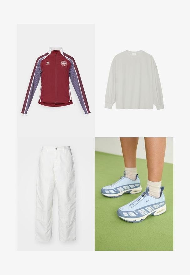Vinröd idrottsjacka med full dragkedja, vita accenter och vertikala ränder i ljusblått och violett på ärmarna. Har en rund logotyp på bröstet.; Ljusgrå långärmad t-shirt i mjuk bomull. Har en lös passform, rund halsringning och lätt rynkade ärmslut. Utan mönster eller grafik.; Vita cargobyxor i denim, med en avslappnad passform, sidofickor och synliga sömnadsdetaljer. En enkel framsida med knappstängning.; Ljusblå sportskor med vita detaljer, texturerade paneler och dragkedjestängning. Har en synlig luftdämpande sula och gummiyttersula.