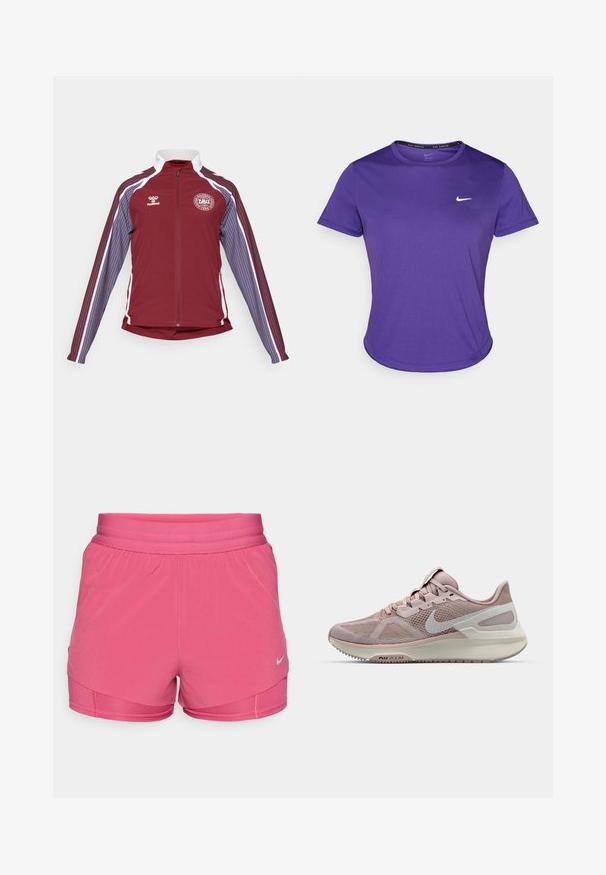Bordo sporta jaka ar pilnu rāvējslēdzēju, baltām akcentiem un vertikālajām svītrām gaiši zilos un violetos toņos uz piedurknēm. Izceļas ar apaļu logo uz krūtīm.; Violets sporta krekls, izgatavots no mitruma uzsūcoša auduma, ar īsām piedurknēm un apaļu kakla izgriezumu. Mazs balts logos uz krūtīm.; Rozā sporta šorti ar gludu tekstūru, elastīgu jostasvietu un slāņu dizainu. Apakšējā kreisajā stūrī ir atstarojoša Nike logo.; Nike skriešanas apavi ar acu materiāla augšdaļu gaiši rozā un pelēkā krāsā, ar mīkstinātu zoli un noapaļotas pirkstu daļas dizainu. Ar akcentētu swoosh logo.