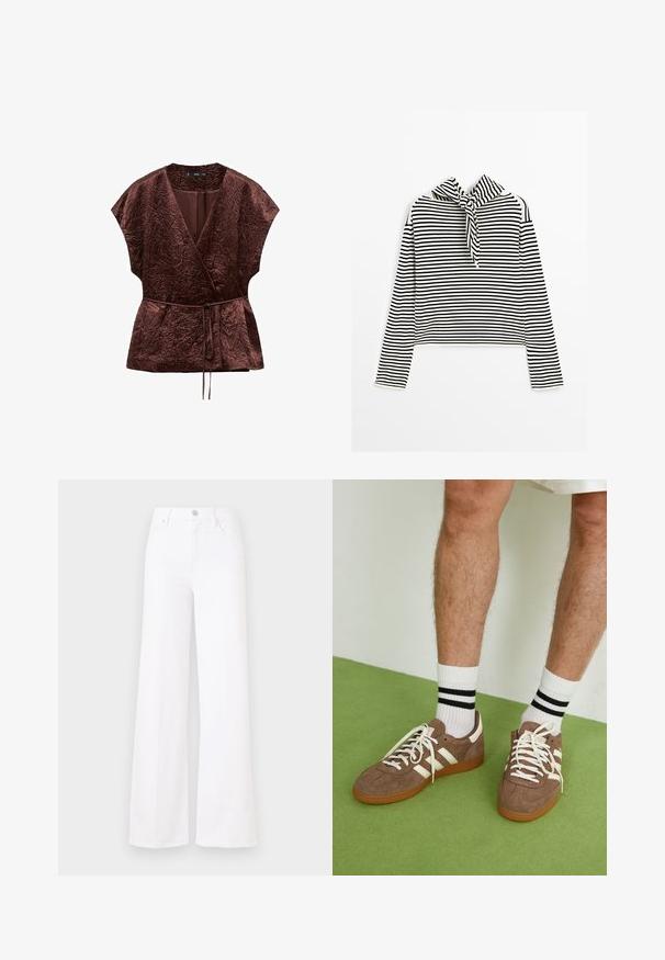 Bruin, gekreukt stoffen wikkelshirt met een V-hals, korte mouwen en een strikceintuur voor aanpassing. Gladde textuur met een ontspannen pasvorm.; Massimo Dutti STRIPED WITH REMOVABLE BANDANA - Trui - beige; Witte wijde jeans van denim met een hoge taille, sluiting met een knoop aan de voorkant en vier zakken. Glad oppervlak zonder zichtbare patronen.; Bruine suède sneakers met witte accenten en veters. Rubberen gumzool. Draag met witte sokken met zwarte strepen. Groene gestructureerde vloer.