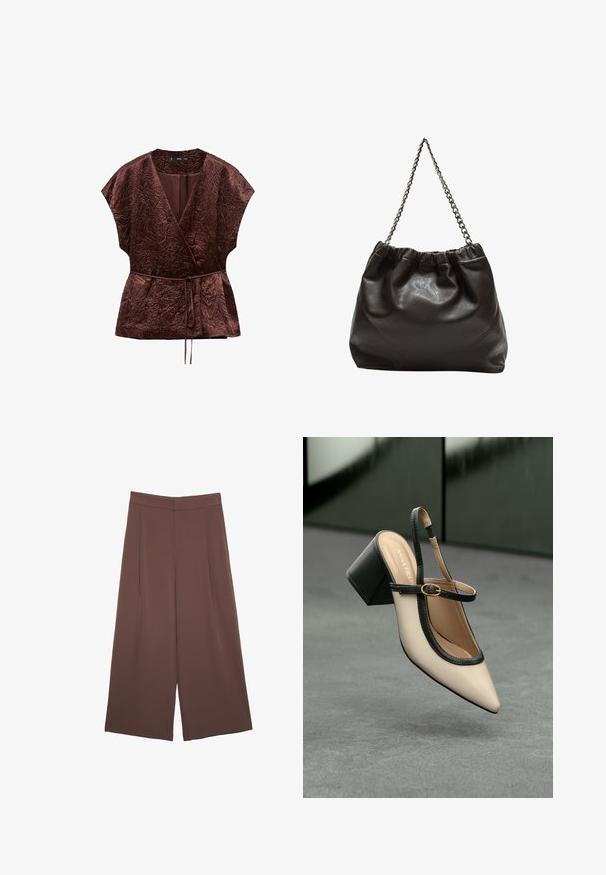 Ruskea, rypistyneiden kankaiden käärepaidassa on V-kaula-aukko, lyhyet hihat ja solmittava vyö säätöä varten. Sujuva tekstuuri ja rento istuvuus.; Ruskea puuvillapaita, jossa on lyhyet hihat ja syvä V-kaula-aukko. Yksinkertainen muotoilu, pehmeä rakenne ja suora helma. Ei kuvioita tai yksityiskohtia.; Ruskeat leveälahkeiset housut, joissa on sileä pinta, korkea vyötärö ja etupleat. Kangas on kevyttä ja laskeutuu väljänä.; Beige slingback-kengät, joissa on musta reuna, kultahakas, ja paksu lohkoheel, harmaalla lattialla tummanvihreää taustaa vasten.; Ruskea nahkainen laukku, jossa on kerätty yläosa ja ketjuhihna. Tasainen pinta, jossa kiiltävä viimeistely ja hienovaraiset sauman yksityiskohdat sivuilla.