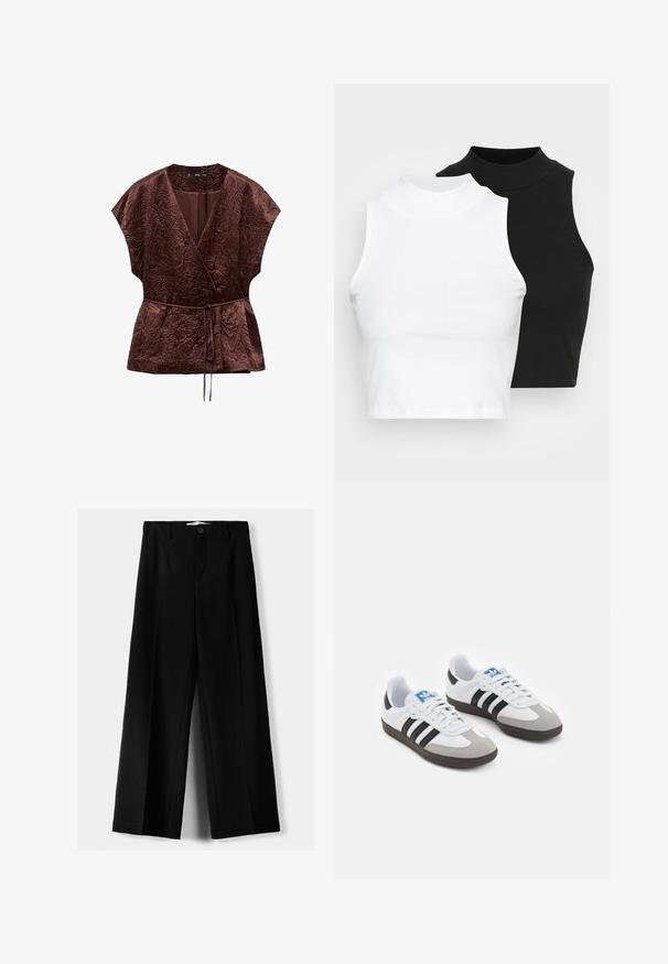 Hnedý, zvrásnený látkový top s výstrihom do V, krátkymi rukávmi a zaväzovacím pásom na úpravu veľkosti. Hladká textúra s voľným strihom.; Dve bezrukávové rebrované roláky v čiernej a bielej farbe, pričom majú priliehavý strih a hladkú textúru, s krátkou dĺžkou.; Čierne široké nohavice z ľahkého materiálu, s predným zapínaním na gombík a plochým predným dielom, s pekne ušitými lemami.; Športové topánky s bielym koženým zvrškom, šedou semišovou špičkou a tromi čiernymi pruhmi. Obsahujú modré logo na jazyku a štruktúrovanú gumovú podrážku.