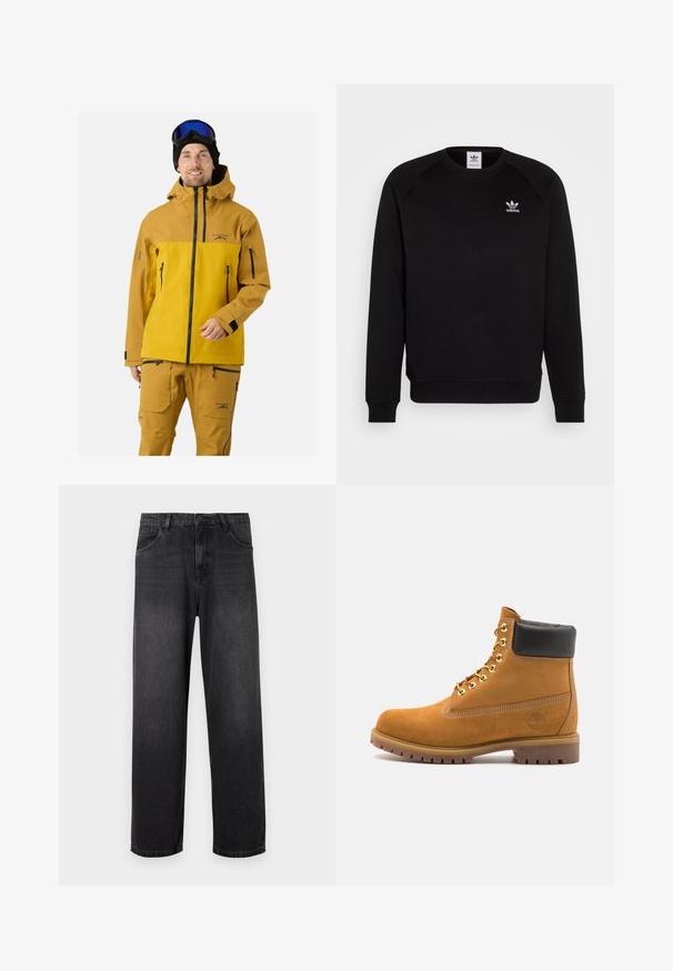 Man i senapsgul och brun skijacka och byxor med svarta skidglasögon och svart mössa, stående mot en neutral bakgrund.; Svart sweatshirt med raglanärmar, rund hals och ribbade muddar. Har en liten vit Adidas-logotyp på bröstet. Mjuk tygtextur.; Mörkgrå denimjeans med rak bendesign, som har dragkedja, fem fickor och subtila blekningsdetaljer på tyget.; Tan mockasins ankelstövlar med svart vadderad krage, guldmetallöglor, vit sömdekor och slitstöt gummisula med utmärkta mönster.