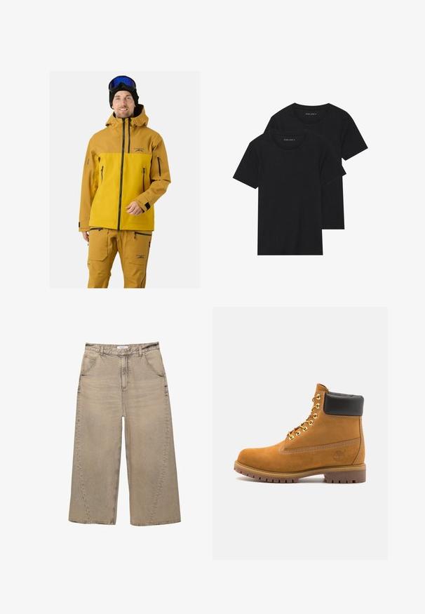 Uomo con giacca e pantaloni da sci giallo senape e marroni, occhiali da sci neri e berretto nero, in piedi su uno sfondo semplice.; Due magliette nere di cotone a maniche corte, con scollatura rotonda e una texture liscia, esposte impilate insieme.; PULL&BEAR MEGA BAGGY - Jeans baggy - light grey; Stivale alla caviglia in suede tan con collare imbottito nero, occhielli in metallo dorato, dettagli in cucitura bianca e suola in gomma robusta con battistrada pronunciato.