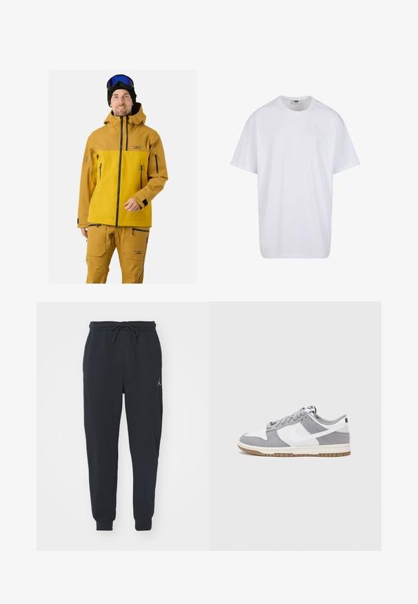 Man wearing mustard yellow and brown ski jacket and pants with black ski goggles and black beanie, standing against a plain background.; White cotton t-shirt with short sleeves, rounded neckline, relaxed fit, and no visible logos or patterns. Smooth texture and minimal design.; Black jogger pants made of soft fabric, featuring an elastic waistband with a drawstring, ribbed cuffs, and a small logo on the left thigh.; Nike sneakers feature a gray suede and white leather upper with perforations, round laces, and a gum sole for traction.