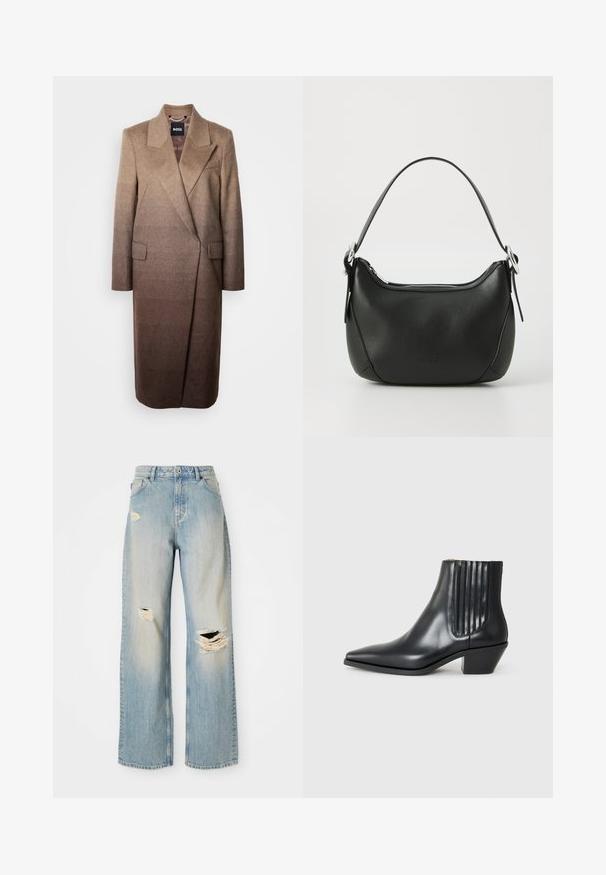 Ruskea villa-sekoite takki, jossa on räätälöity siluetti, lovittomat lakaidit ja kaksi etutaskua, joissa on vaaleneva väri-efekti vaaleasta tummaan.; Harmaa hihaton poolopaita, vartalonmyötäinen istuvuus, ribbikuvio, sileä kangas, korkea kaula sekä tyylikkäät olkaleikkaukset.; Vaaleansiniset suorat farkut, joissa on korkea vyötärö, vyölenkit ja kuluneet repeämät vasemmassa reisissä, oikeassa polvessa ja vasemmassa alareidessä.; Musta nahkainen nilkk boot, jossa on terävä kärki, elastiset sivupaneelit pystyröytiä ja matala lohkarepohja. Sileä pinta ja tyylikäs muotoilu.; Musta nahkakäsilaukku, jossa on kaareva muoto, hopeinen vetoketju ja lyhyt kahva. Edessä on hienovarainen logo ja pinta on sileä.