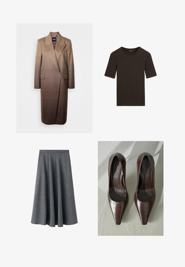 Brun uldblandingsfrakke med en skræddersyet silhuet, klaplevelser og to forlommer med en gradientfarveeffekt fra lys til mørk.; Mørkebrun kortærmet t-shirt med rund hals, enkel design med ribbet krave, mærket Massimo Dutti ved kraven.; Grå A-line midi nederdel lavet af tekstureret uldblandingsstof. Har en høj talje og en flydende, svajende silhuet.; Brune patenterede læderhøjhælede sko med spids tå, med krokodillestruktur og glat inderside. Designet til et slankt udseende.