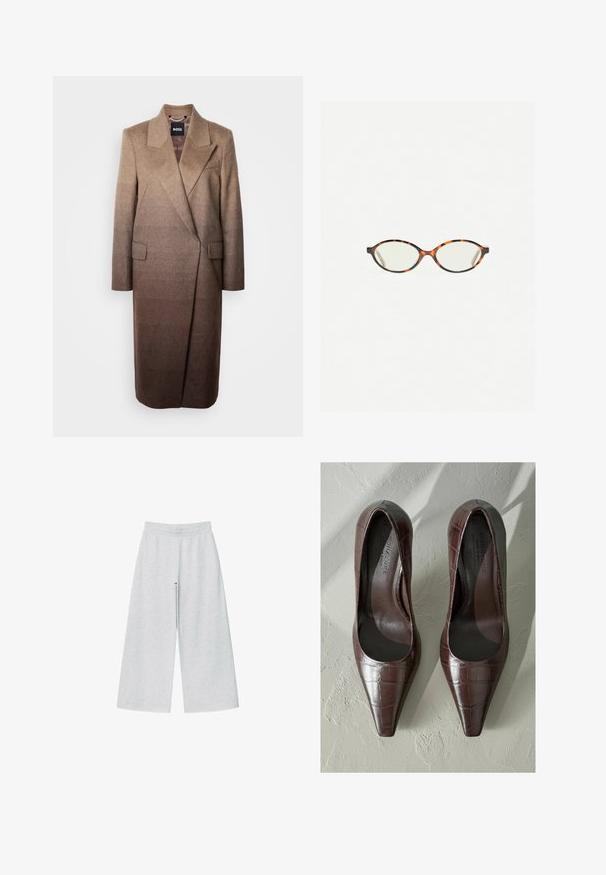 Brun uldblandingsfrakke med en skræddersyet silhuet, klaplevelser og to forlommer med en gradientfarveeffekt fra lys til mørk.; Mørkebrun kortærmet t-shirt med rund hals, enkel design med ribbet krave, mærket Massimo Dutti ved kraven.; Lys grå vidtgående bukser lavet af blødt stof med elastisk talje. Designet har en løs pasform for komfort og bevægelsesfrihed.; Brune patenterede læderhøjhælede sko med spids tå, med krokodillestruktur og glat inderside. Designet til et slankt udseende.; Skildpaddebriller med ovale linser og en elegant, glat finish. Har tynde sider med en subtil kurve ved tindingerne. Klare linser.; Sort læder skuldertaske med en glat overflade, buet form og en enkelt justerbar rem, der har guldfarvet hardware og et brandet accent.