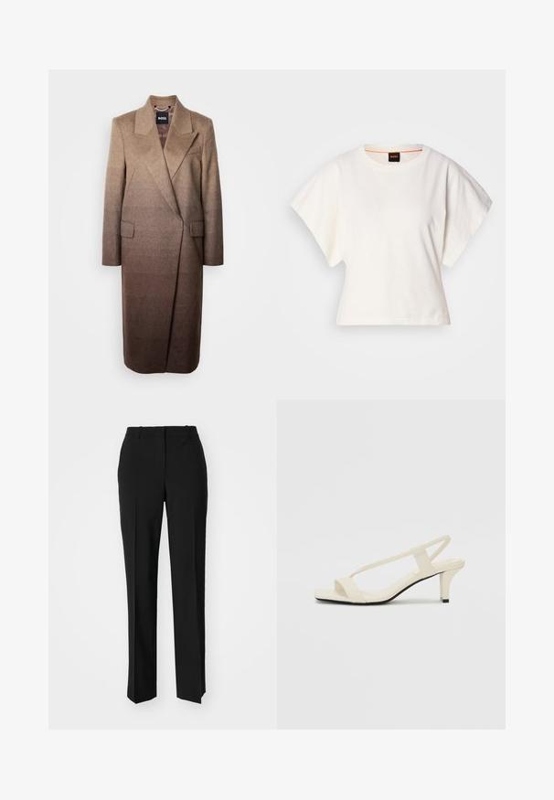 Bruine wollen mix jas met een getailleerde silhoutte, met notch revers en twee voorzakken, met een kleurverloop van licht naar donker.; Witte gecropte T-shirt, korte brede mouwen, zachte katoenmaterialen, ronde halslijn met subtiele oranje rand, minimalistisch ontwerp, geen patronen of graphics.; Zwarte op maat gemaakte broek met een recht model, voorzien van een soepele textuur en scherpe plooien aan de voorkant. Geen zichtbare hardware.; Beige blockhak sandalen met dunne bandjes en een vierkante neus. Glad materiaal met minimale details, ontworpen voor eenvoudig dragen.