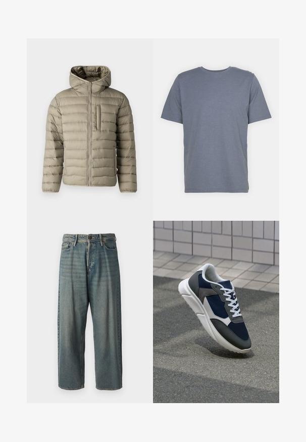 Švarkas pūkuotas, šviesiai bežinis, su kapišonu, užtrauktuku ir krūtinės kišene. Paklota konstrukcija su horizontaliomis siūlėmis izoliacijai.; Pilkas trumpas rankovėmis marškinėliai su apvaliu kaklu, pagaminti iš švelnaus medvilnės mišinio. Paprastas dizainas, be raštų ar akcentų.; Šviesiai mėlyni džinsai su laisvu siluetu, vidutinio aukščio juosmeniu ir tiesiomis kojomis. Su penkiais kišenėmis, diržo kilpo ir mygtukų uždarymu.; Sportiniai bateliai su tamsiai mėlynu tinkliniu viršumi, pilkais zomšiniais akcentais, balta guma padanga ir plokščiomis baltomis raištelėmis, sukurti komfortui ir oro pralaidumui.