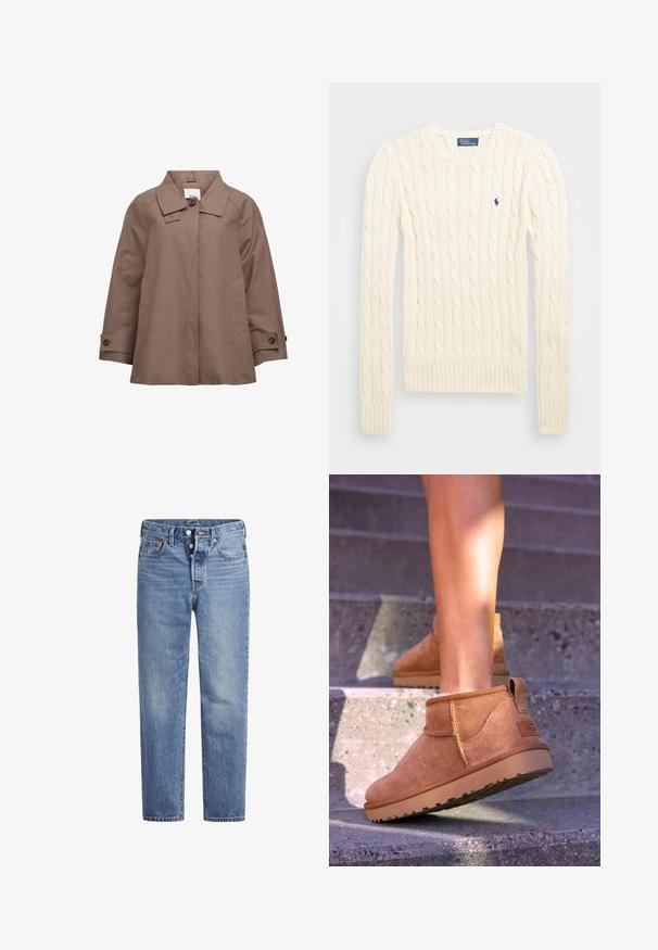 Object Sommerjakke - morel; Kremfarget cable-knit genser med lange ermer, ribbede mansjetter og hem, med en liten brodert logo på venstre bryst.; Lyseblå denimjeans med rett snitt, fem-lomme design og knappeåpning. Har subtile falminger og oransje sømdetaljer.; Brune sued støvletter til ankelen med en myk tekstur, sydet detaljer og gummisåle, med en løkket hæl for enkel påkledning.